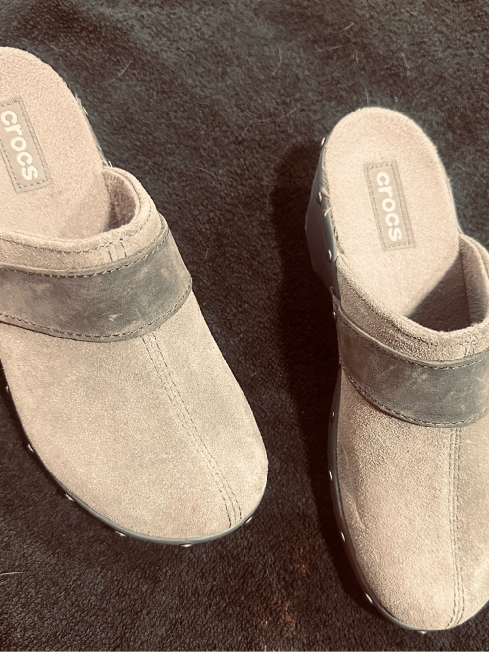 CROCS Women's Grey Suede Stud-Trim Clog Mules